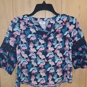 Crown & Ivy Girls Size Medium 3/4 Bell Sleeves Flamingos Navy Pink Shirt